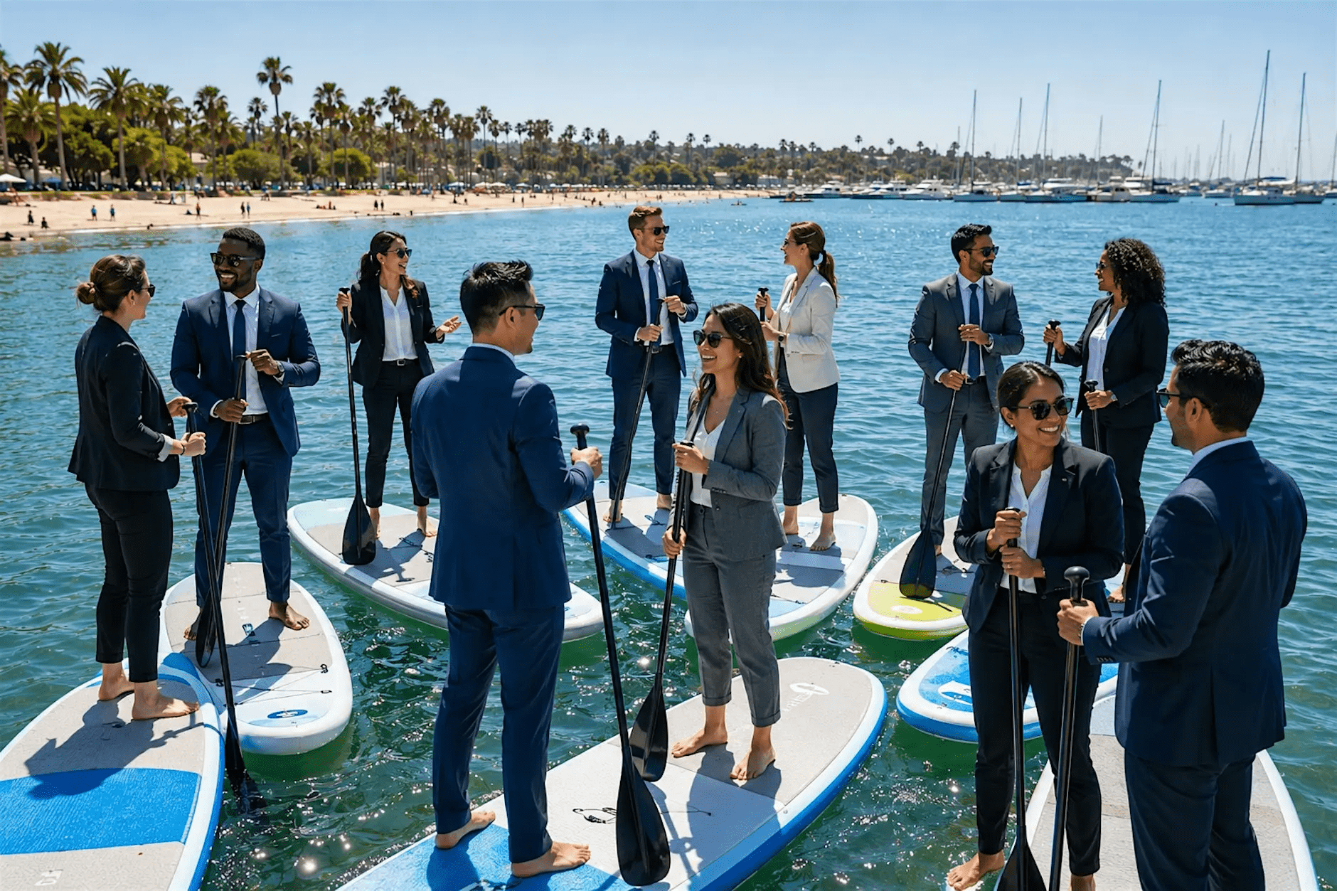 business people meeting while floating on boards